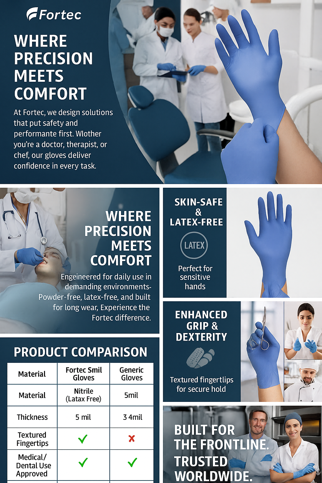 100pcs Medium Blue 5 Mil Nitrile Gloves - Powder-Free - Fortec