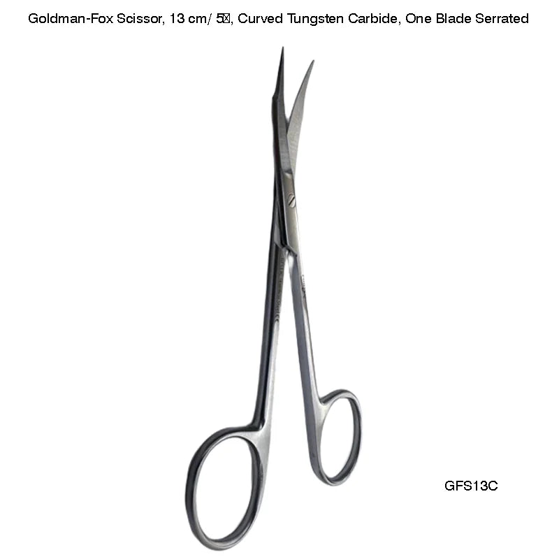 Goldman-Fox Scissor, 13 cm/ 5″, Curved Tungsten Carbide, One Blade Serrated