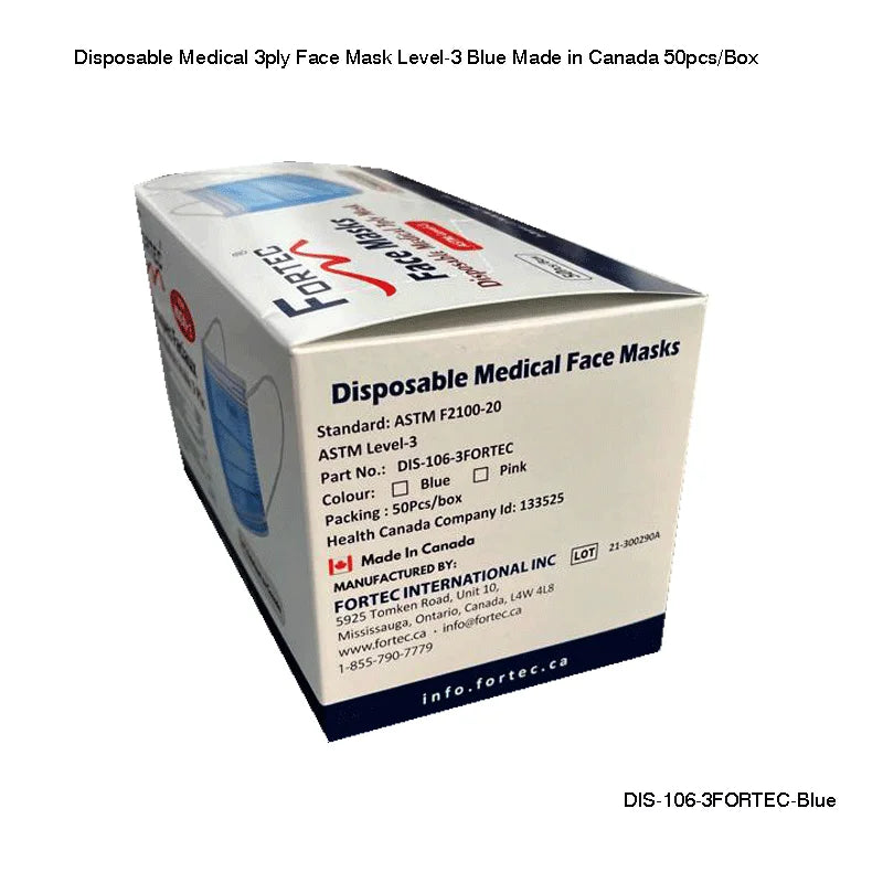 Disposable Medical 3ply Face Mask Level-3 Made in Canada 50pcs/Box - Fortec