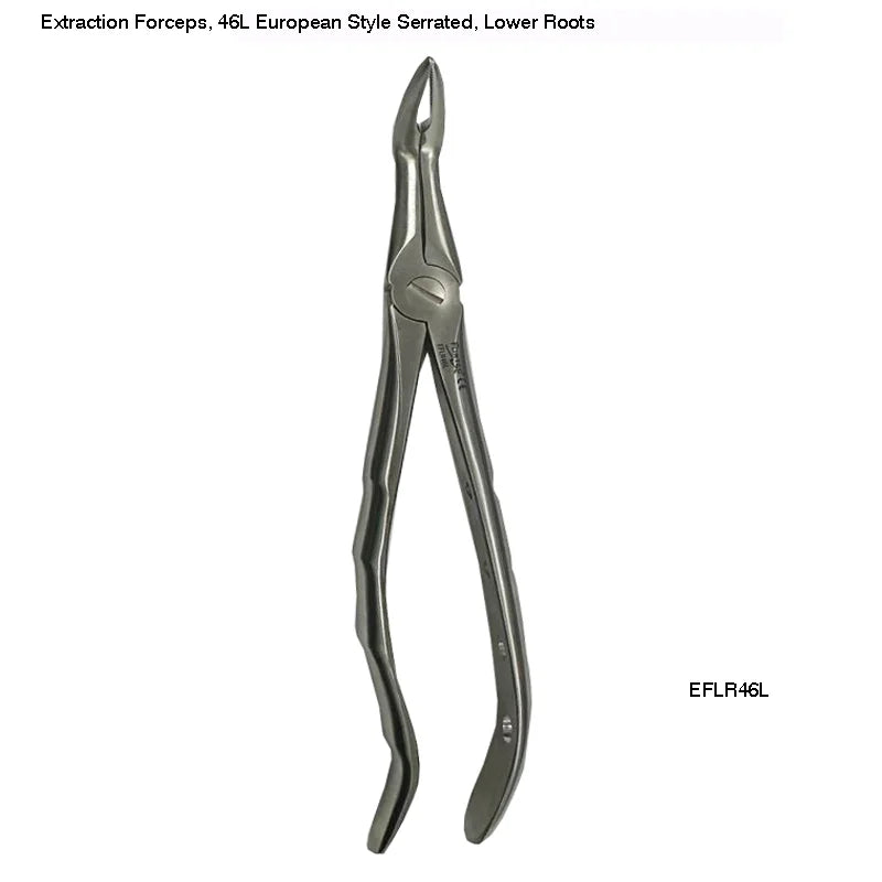 Extraction Forceps, 46L European Style Serrated, Lower Roots