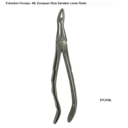 Extraction Forceps, 46L European Style Serrated, Lower Roots