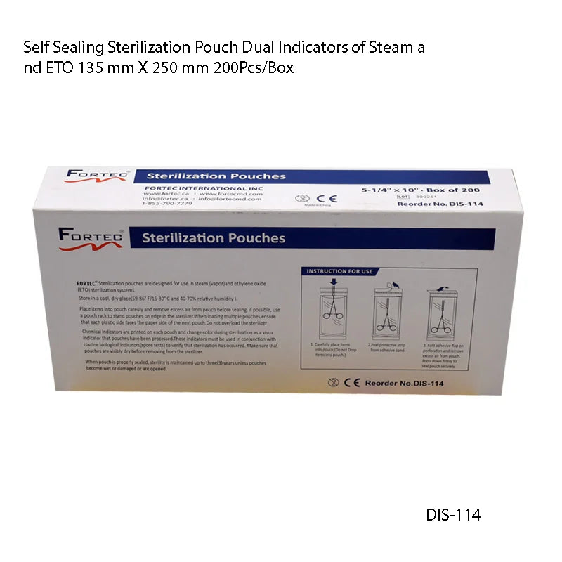 Self Sealing Sterilization Pouch Dual Indicators of Steam and ETO 135 mm X 250 mm 20 - Fortec