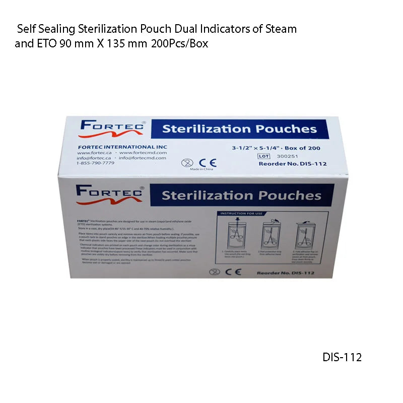 Self Sealing Sterilization Pouch Dual Indicators of Steam and ETO 90 mm X 135 mm 200 - Fortec