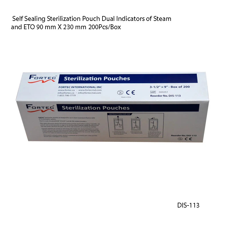 Self Sealing Sterilization Pouch Dual Indicators of Steam and ETO 90 mm X 230 mm 200 - Fortec