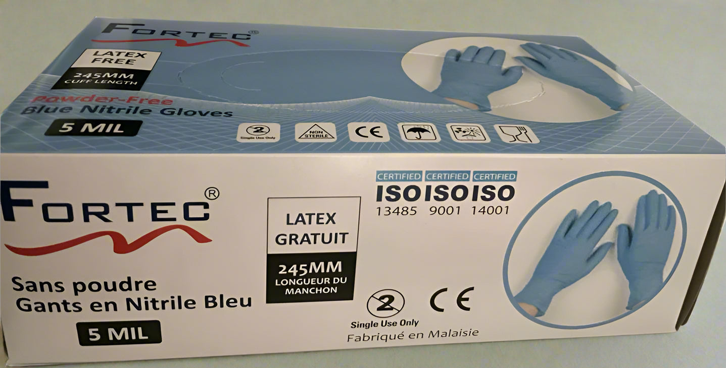 100pcs Medium Blue 5 Mil Nitrile Gloves - Powder-Free - Fortec