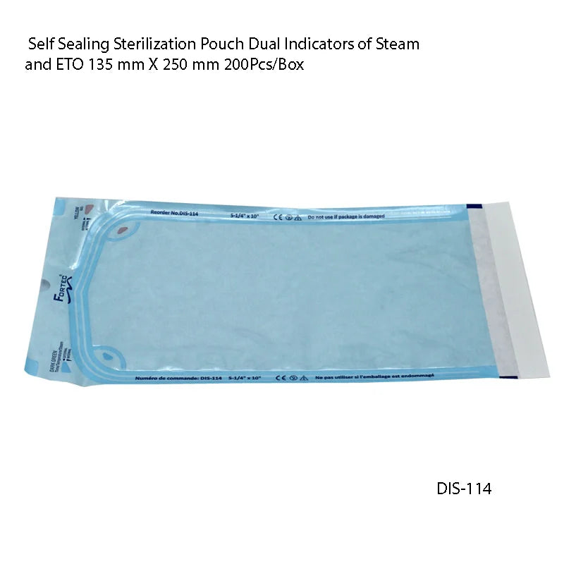 Self Sealing Sterilization Pouch Dual Indicators of Steam and ETO 135 mm X 250 mm 20 - Fortec