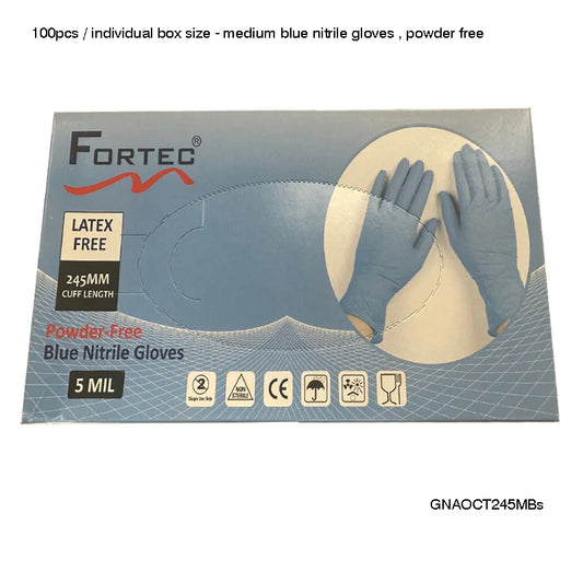 100pcs Medium Blue 5 Mil Nitrile Gloves - Powder-Free - Fortec 